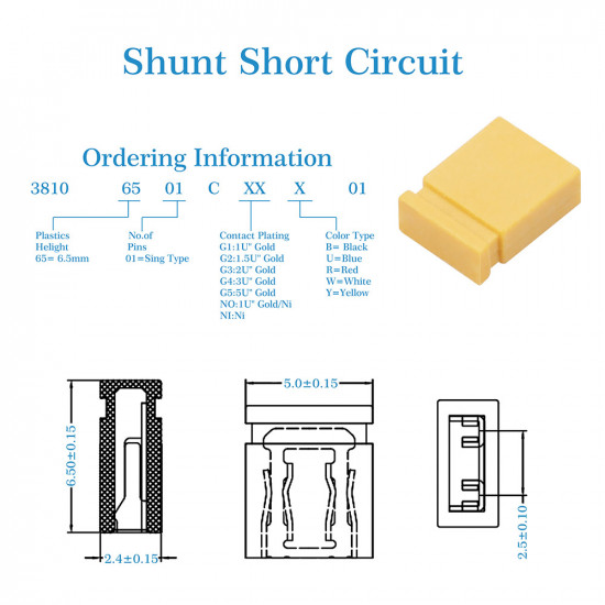 Standard Computer Jumper Caps Header Pin Shunt Short Circuit 2-Pin Connector Close Top 2.54mm-Yellow