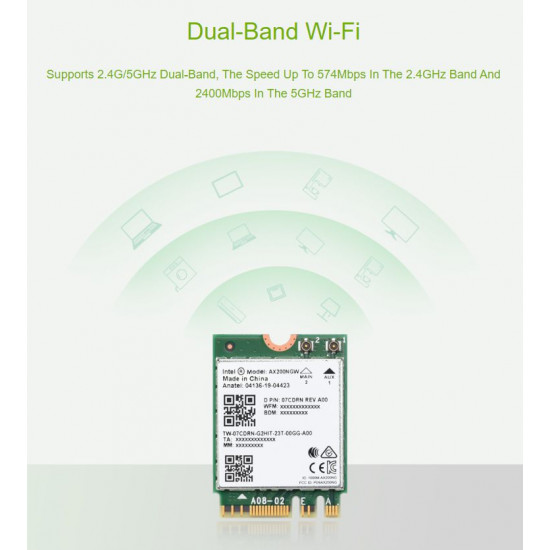 Intel AX200 Wireless NIC, Gigabit Dual-Band Wi-Fi 6, 802.11AX Standard, Bluetooth 5.2