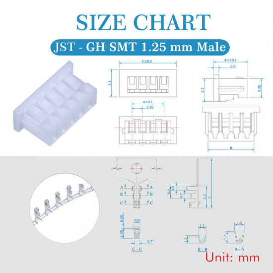 JST GH SMT 1.25mm Pitch 5 Pin JST Connector Kit