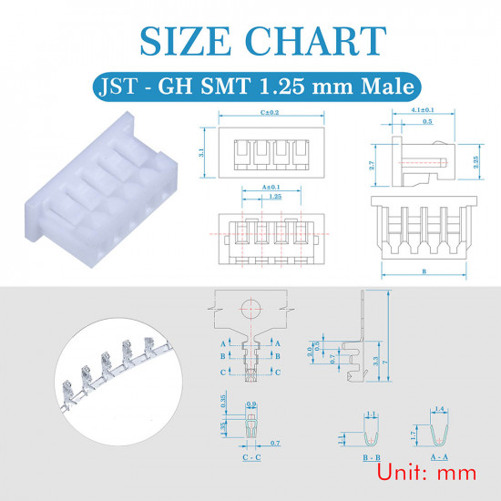 JST GH SMT 1.25mm Pitch 5 Pin JST Connector Kit JST GH SMT 1.25mm Pitch 5 Pin JST Connector Kit