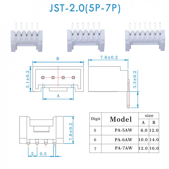 JST PA SMT - 5 / 6 / 7 Pin Connector Kit JST PA SMT - 5 / 6 / 7 Pin Connector Kit