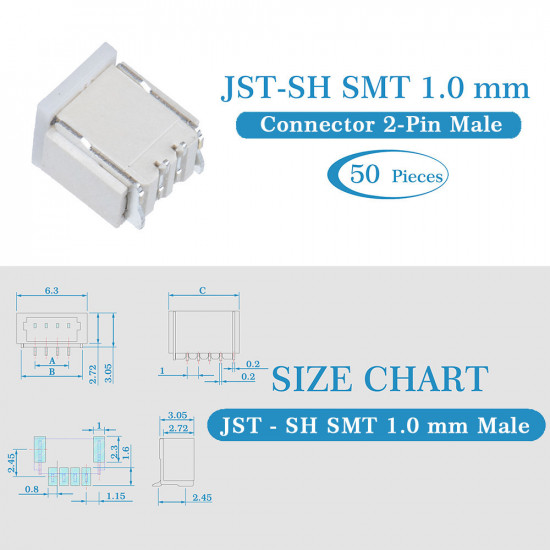 JST SH SMT 1.0mm Pitch 2 Pin JST Connector Kit