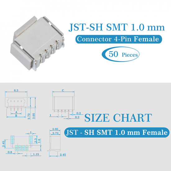 JST SH SMT 1.0mm Pitch 4 Pin JST Connector Kit JST SH SMT 1.0mm Pitch 4 Pin JST Connector Kit
