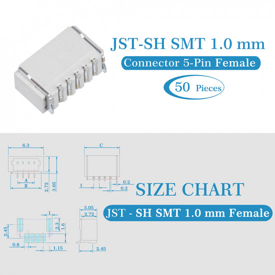 JST SH SMT 1.0mm Pitch 5 Pin JST Connector Kit JST SH SMT 1.0mm Pitch 5 Pin JST Connector Kit