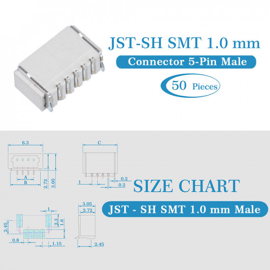 JST SH SMT 1.0mm Pitch 5 Pin JST Connector Kit JST SH SMT 1.0mm Pitch 5 Pin JST Connector Kit