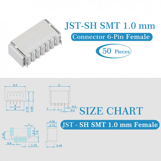 JST SH SMT 1.0mm Pitch 6 Pin JST Connector Kit JST SH SMT 1.0mm Pitch 6 Pin JST Connector Kit