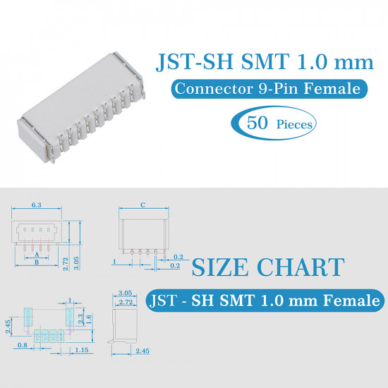 JST SH SMT 1.0mm Pitch 9 Pin JST Connector Kit JST SH SMT 1.0mm Pitch 9 Pin JST Connector Kit