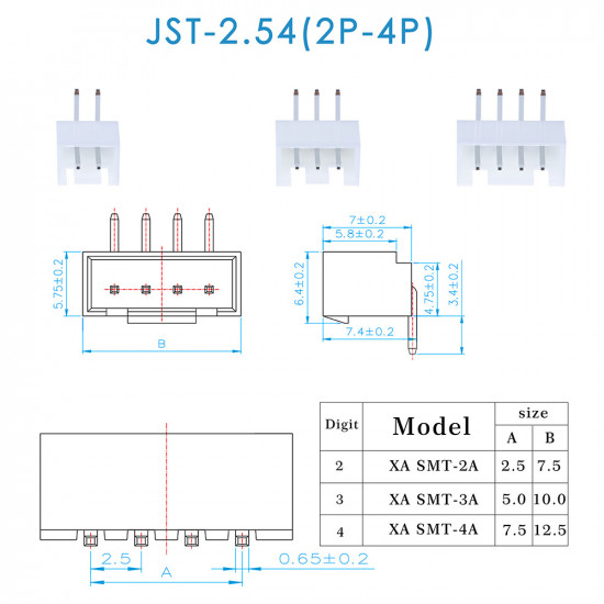 JST XA SMT - 2 / 3 / 4 Pin Connector Kit