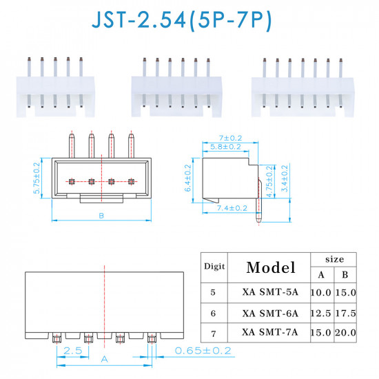 JST XA SMT - 5 / 6 / 7 Pin Connector Kit JST XA SMT - 5 / 6 / 7 Pin Connector Kit