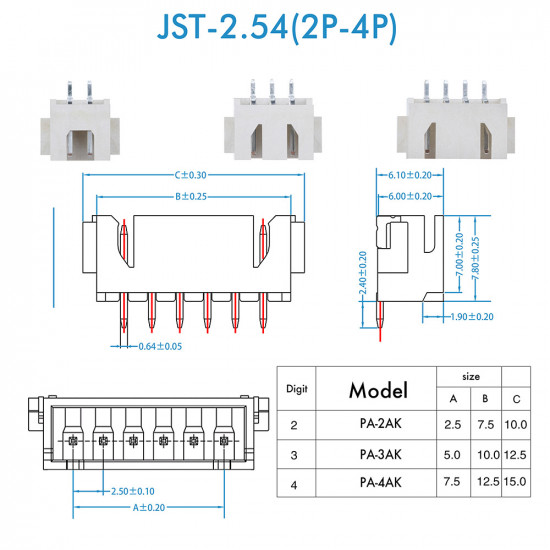 JST XH SMT - 2 / 3 / 4 Pin Connector Kit