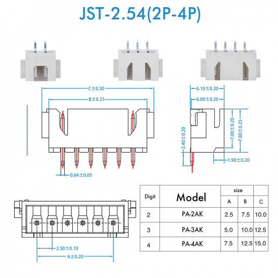 JST XH SMT - 2 / 3 / 4 Pin Connector Kit JST XH SMT - 2 / 3 / 4 Pin Connector Kit