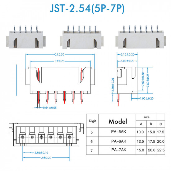 JST XH SMT - 5 / 6 / 7 Pin Connector Kit