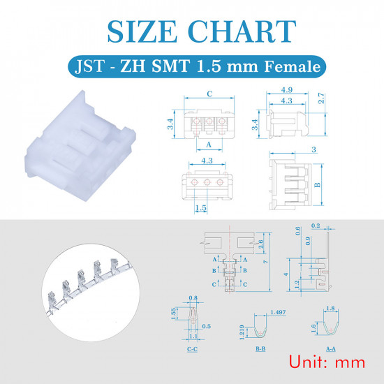 JST ZH 1.5 mm SMT 3-Pin Connector Kit JST ZH 1.5 mm SMT 3-Pin Connector Kit