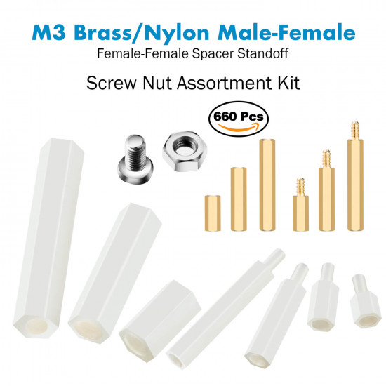 M3 Fastening Kit,  Male Female Hex Brass/Nylon Spacer Standoff. (660 Pieces)