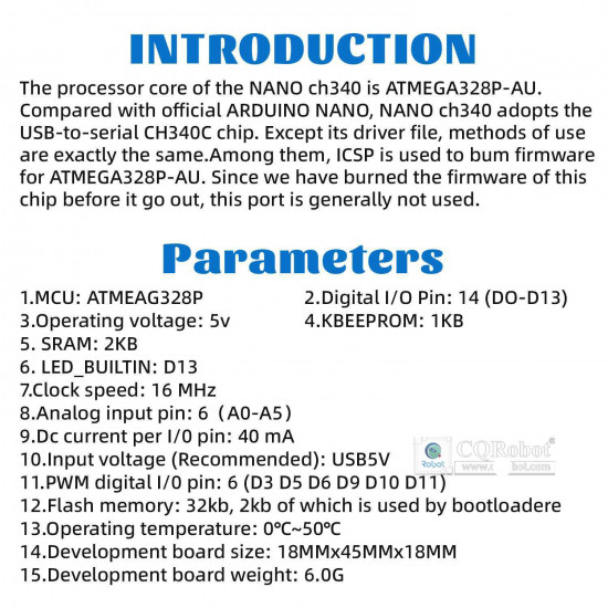 Nano V3.0 Development Board CH340 Blue USB Cable 1m