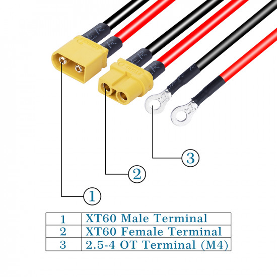 30A - XT60 Male / Female Terminal to 2.5-4 OT Terminal (M4) Connector Adapter Cable