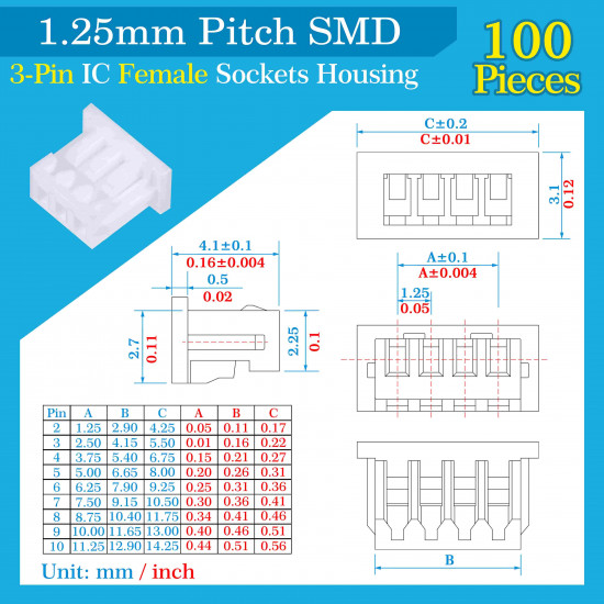 1.25mm Pitch 3 Pin SMD Connector Kit 1.25mm Pitch 3 Pin SMD Connector Kit