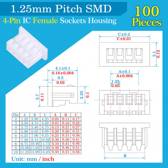 1.25mm Pitch 4 Pin SMD Connector Kit 1.25mm Pitch 4 Pin SMD Connector Kit