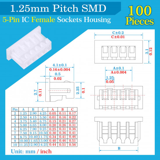 1.25mm Pitch 5 Pin SMD Connector Kit 1.25mm Pitch 5 Pin SMD Connector Kit