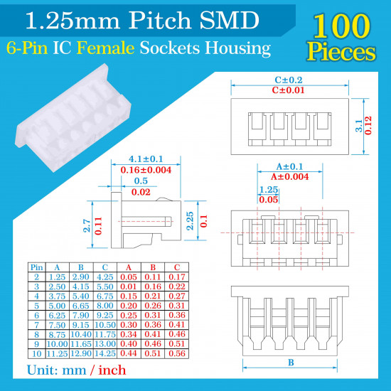 1.25mm Pitch 6 Pin SMD Connector Kit 1.25mm Pitch 6 Pin SMD Connector Kit