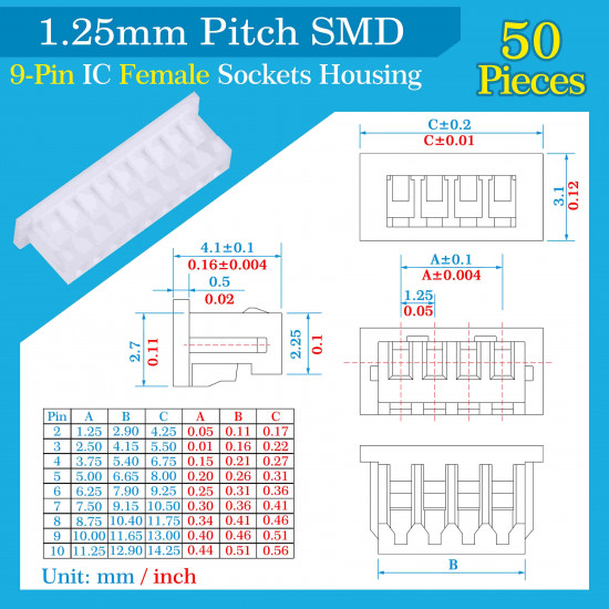 1.25mm Pitch 9 Pin SMD Connector Kit 1.25mm Pitch 9 Pin SMD Connector Kit