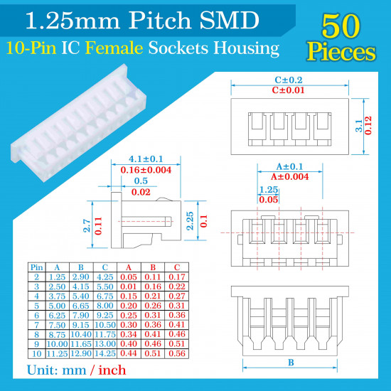 1.25mm Pitch 10 Pin SMD Connector Kit 1.25mm Pitch 10 Pin SMD Connector Kit