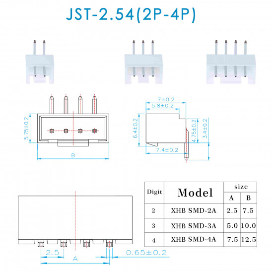 JST XHB SMD - 2 / 3 / 4 Pin Connector Kit JST XHB SMD - 2 / 3 / 4 Pin Connector Kit