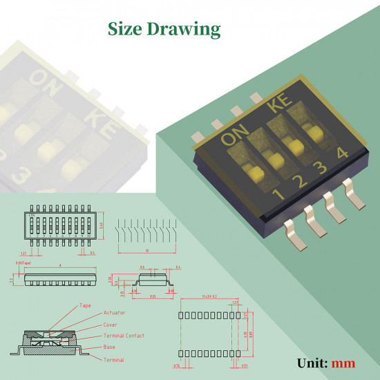 1.27 mm Pitch 4 Position / 8 Pin Dual Row SMT Patch DIP Switch