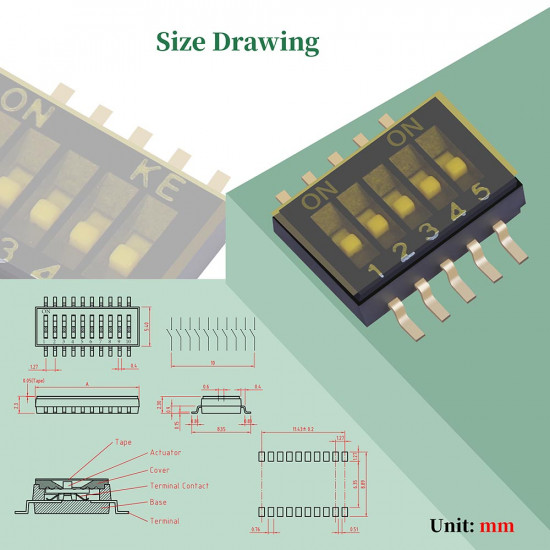 1.27 mm Pitch 5 Position / 10 Pin Dual Row SMT Patch DIP Switch 1.27 mm Pitch 5 Position / 10 Pin Dual Row SMT Patch DIP Switch