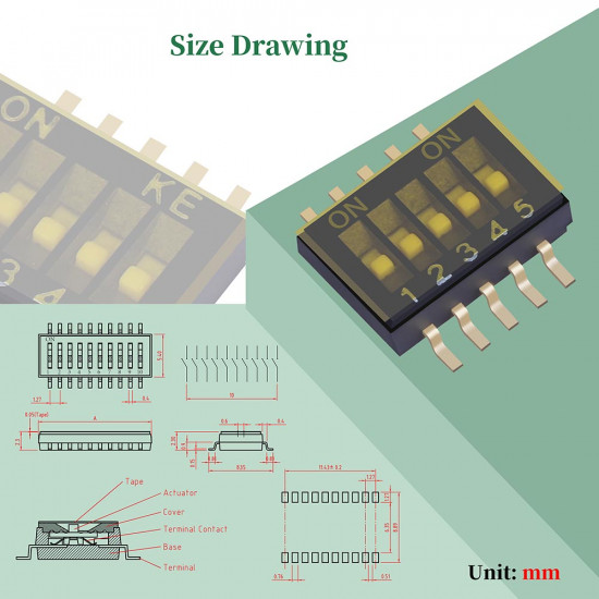 1.27 mm Pitch 5 Position / 10 Pin Dual Row SMT Patch DIP Switch