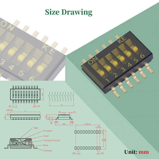 1.27 mm Pitch 6 Position / 12 Pin Dual Row SMT Patch DIP Switch 1.27 mm Pitch 6 Position / 12 Pin Dual Row SMT Patch DIP Switch