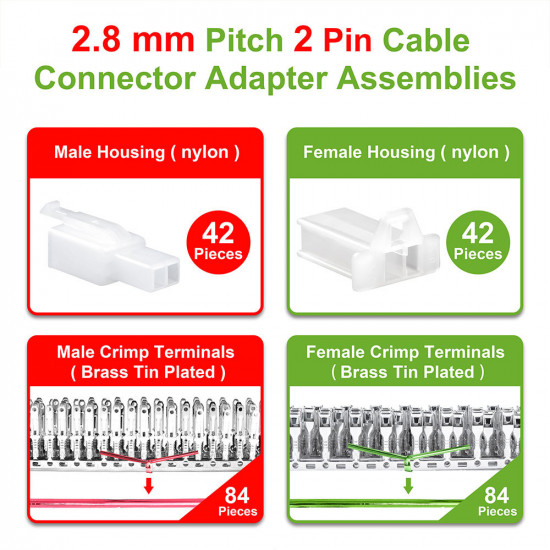 2.8 mm Pitch 2 Pin Automotive Cable Connector Adapter Assemblies Kit. 2.8 mm Pitch 2 Pin Automotive Cable Connector Adapter Assemblies Kit.