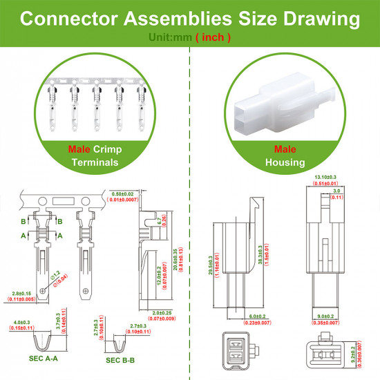 2.8 mm Pitch 2 Pin Automotive Cable Connector Adapter Assemblies Kit.