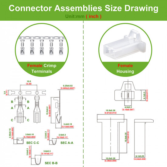 2.8 mm Pitch 2 Pin Automotive Cable Connector Adapter Assemblies Kit.