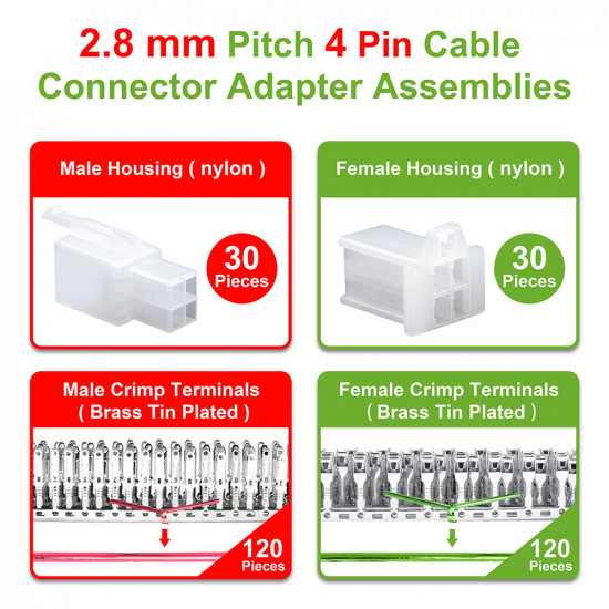 2.8 mm Pitch 4 Pin Automotive Cable Connector Adapter Assemblies Kit. 2.8 mm Pitch 4 Pin Automotive Cable Connector Adapter Assemblies Kit.