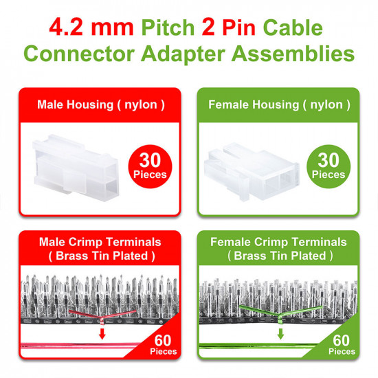 4.2 mm Pitch 2 Pin Automotive Cable Connector Adapter Assemblies Kit. 4.2 mm Pitch 2 Pin Automotive Cable Connector Adapter Assemblies Kit.
