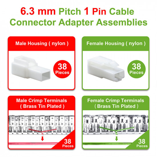 6.3 mm Pitch 1 Pin Automotive Cable Connector Adapter Assemblies Kit. 6.3 mm Pitch 1 Pin Automotive Cable Connector Adapter Assemblies Kit.