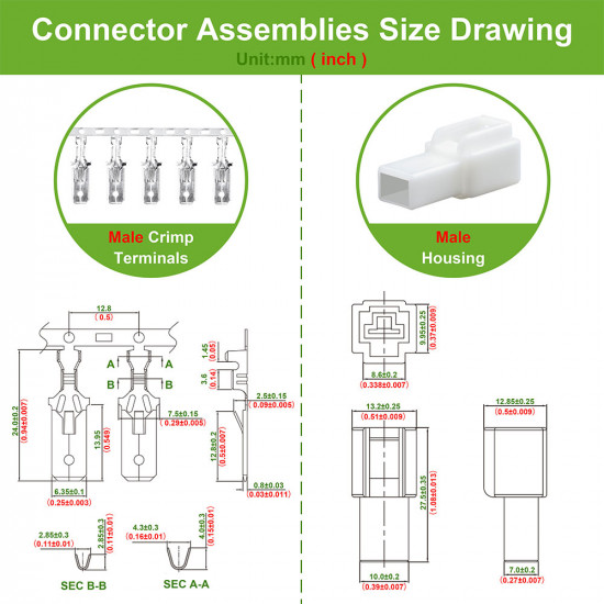 6.3 mm Pitch 1 Pin Automotive Cable Connector Adapter Assemblies Kit. 6.3 mm Pitch 1 Pin Automotive Cable Connector Adapter Assemblies Kit.