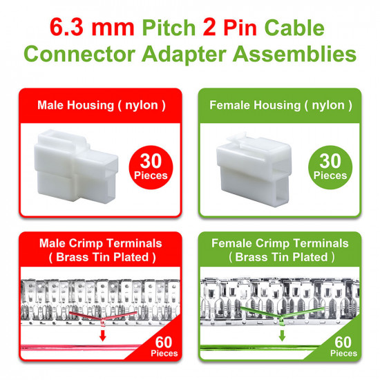 6.3 mm Pitch 2 Pin Automotive Cable Connector Adapter Assemblies Kit.