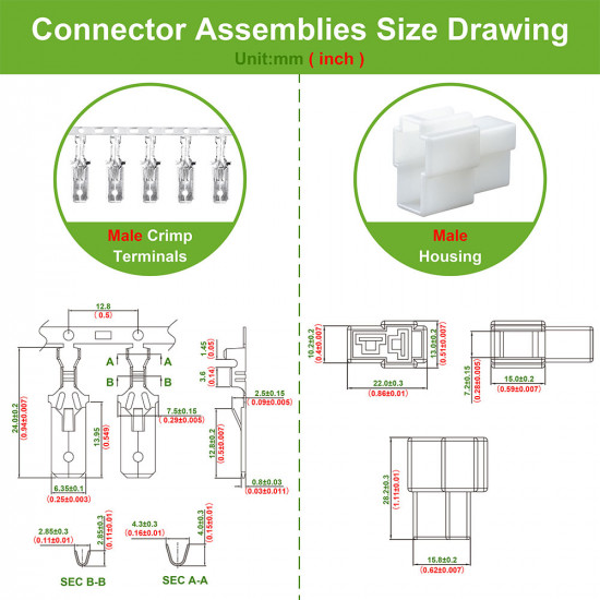 6.3 mm Pitch 2 Pin Automotive Cable Connector Adapter Assemblies Kit. 6.3 mm Pitch 2 Pin Automotive Cable Connector Adapter Assemblies Kit.