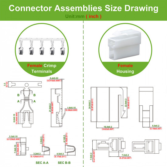 6.3 mm Pitch 2 Pin Automotive Cable Connector Adapter Assemblies Kit. 6.3 mm Pitch 2 Pin Automotive Cable Connector Adapter Assemblies Kit.