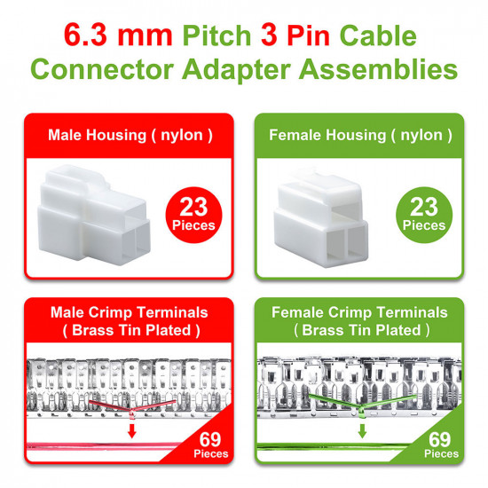 6.3 mm Pitch 3 Pin Automotive Cable Connector Adapter Assemblies Kit.