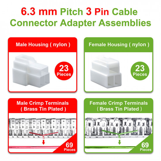 6.3 mm Pitch 3 Pin Automotive Cable Connector Adapter Assemblies Kit. 6.3 mm Pitch 3 Pin Automotive Cable Connector Adapter Assemblies Kit.