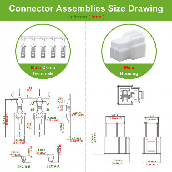 6.3 mm Pitch 3 Pin Automotive Cable Connector Adapter Assemblies Kit.