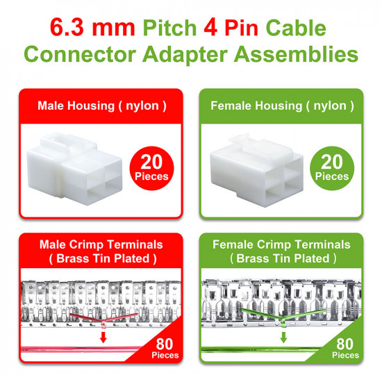 6.3 mm Pitch 4 Pin Automotive Cable Connector Adapter Assemblies Kit. 6.3 mm Pitch 4 Pin Automotive Cable Connector Adapter Assemblies Kit.