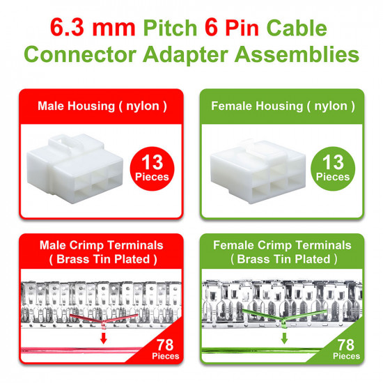6.3 mm Pitch 6 Pin Automotive Cable Connector Adapter Assemblies Kit. 6.3 mm Pitch 6 Pin Automotive Cable Connector Adapter Assemblies Kit.
