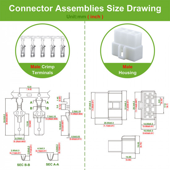6.3 mm Pitch 6 Pin Automotive Cable Connector Adapter Assemblies Kit. 6.3 mm Pitch 6 Pin Automotive Cable Connector Adapter Assemblies Kit.