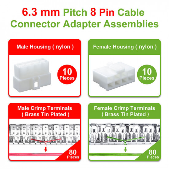 6.3 mm Pitch 8 Pin Automotive Cable Connector Adapter Assemblies Kit. 6.3 mm Pitch 8 Pin Automotive Cable Connector Adapter Assemblies Kit.