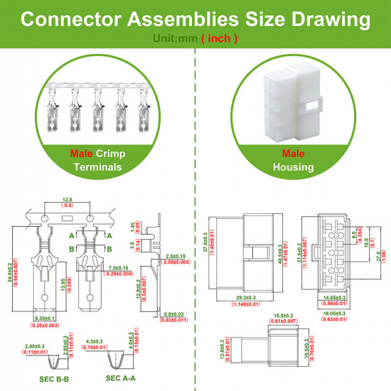 6.3 mm Pitch 8 Pin Automotive Cable Connector Adapter Assemblies Kit.