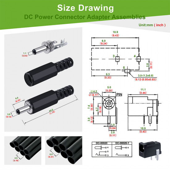 3.5*1.1 mm DC Power Male Plug and Female Socket with Shrink Tube.